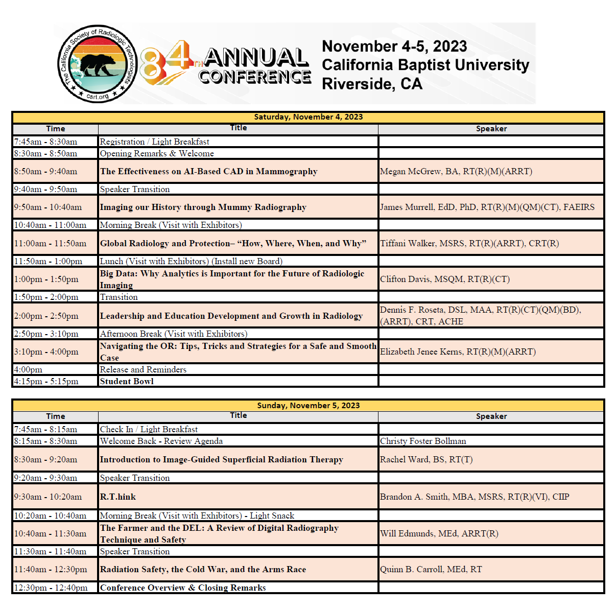 2023 Annual Conference Schedule California Society of Radiologic